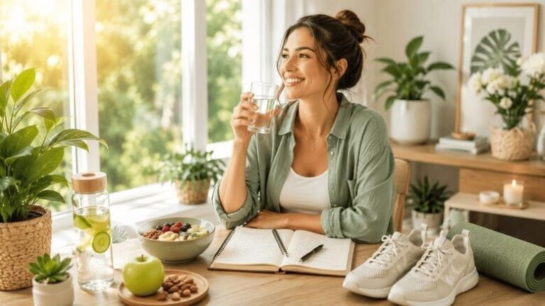 Woman practicing healthy daily habits in a bright and peaceful home environment
