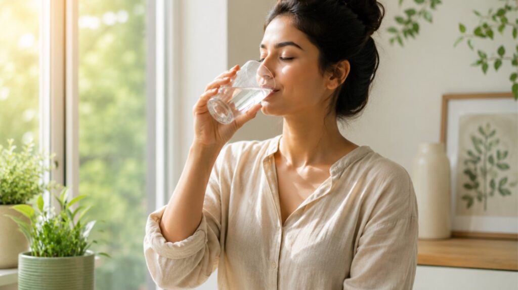 Woman Drinking Water in Natural Morning Light