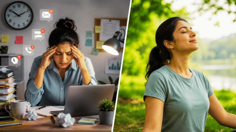 Person sitting quietly while managing stress and emotional tension